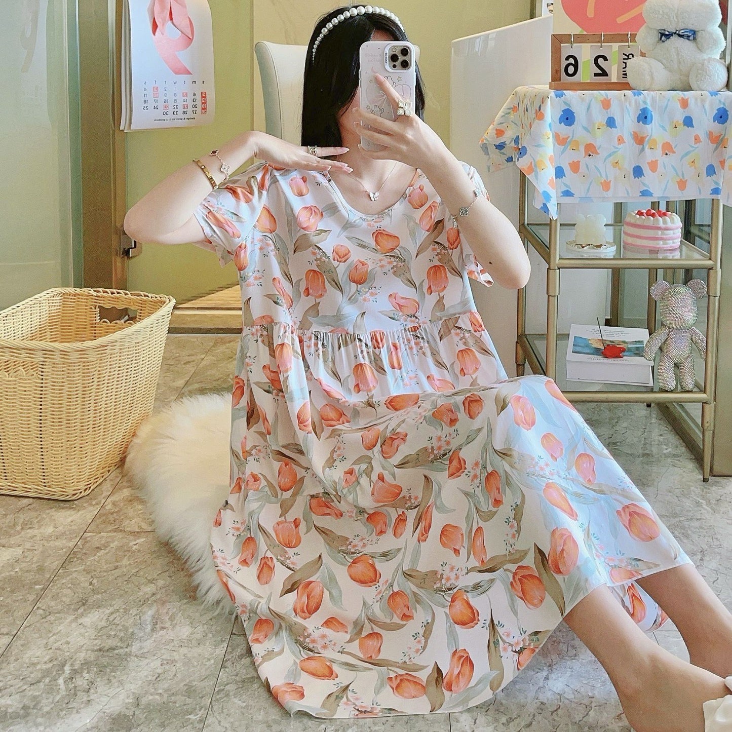 棉绸睡裙女夏季加大码外贸印花睡衣薄款高级感宽松人棉可外穿裙子